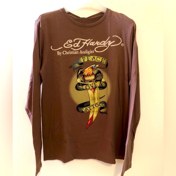 NEW Ed Hardy Men’s Crew Neck with Rhinestones Long Sleeve Tee NWT - Picture 1 of 4